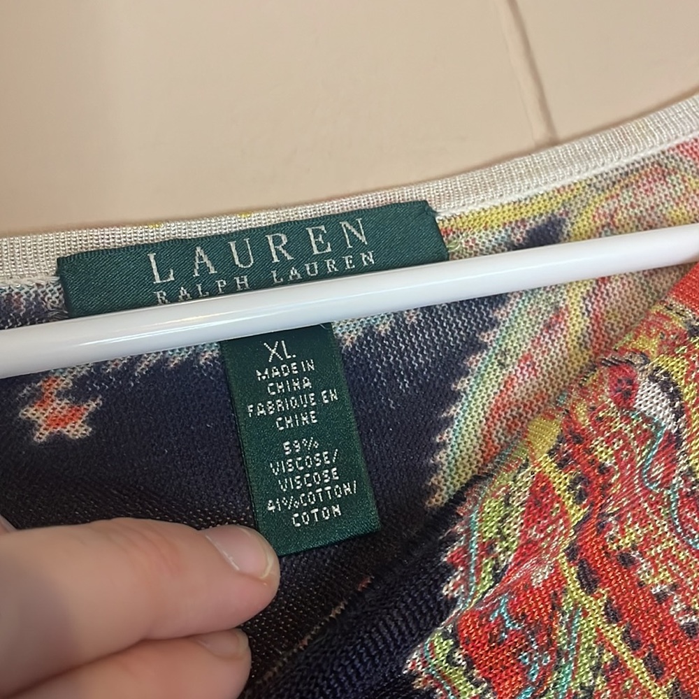 Lauren Ralph Lauren Navy Blue with Paisley Patterned Semi-Sheer Blouse Size XL - Picture 11 of 12